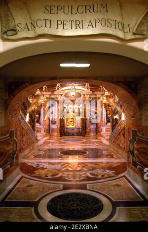 A visit at the heart of the Vatican, the world's smallest state. The crypt of St. Peter's Basilica, resting place of 148 Popes from St. Peter to John Paul II. The tomb of Saint Peter under the basilica at the Vatican on October 2003. Photo by Eric Vandeville/ABACAPRESS.COM Stock Photo