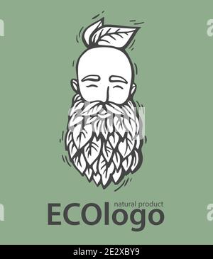 Eco nature logo. Hipster head with blooming beard with leafs. Hand-Drawn Vector Illustration. Bearded man emblem for eco products. Stock Vector