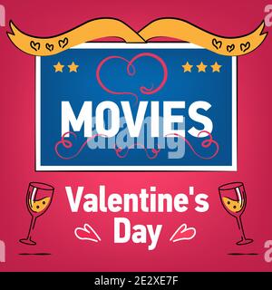 Valentines Day Romantic Movies. Square Cover, web site page. Couple of people in love in bed before TV-set, monitor. Vector Illustration, Banner, adve Stock Vector