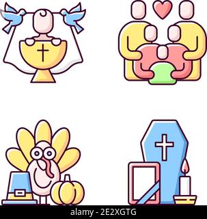 Family tradition and special occasions RGB color icons set Stock Vector