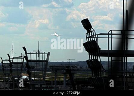 A picture taken on May 18, 2010 shows an Iran Air plane takes off which alledgedly is to carry home Iranian agent Ali Vakili Rad at Paris-Orly airport near Paris, France on May 18, 2010 after his release from the Poissy prison where he was jailed for murdering the Shah's last prime minister Shapour Bakhtiar. France decided yesterday to send home Rad who was serving a life sentence for stabbing Bakhtiar to death at his home outside Paris in August 1991, but he had recently asked for parole and Iranian leaders had linked his case to that of Clotilde Reiss, a young French academic accused of spyi Stock Photo