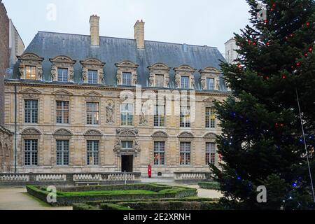 PARIS, FRANCE -5 JAN 2021- View of the historic Hotel de Sully, a landmark private mansion near the Place des Vosges in the Marais neighborhood of Par Stock Photo