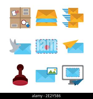 postal service, courier delivery icons collection box package envelopes mail online message email vector illustration Stock Vector