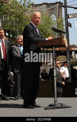US Vice President Joe Biden delivers his speech during the Recovery Act Event marking the beginning of a Brooklyn Bridge renovation project, funded by money from the Federal Economic Recovery Act, held under the Brooklyn Bridge at Dover and Water Streets in New York City, NY, USA on June 02, 2010. Photo by Graylock/ABACAPRESS.COM (Pictured: Joe Biden) Stock Photo