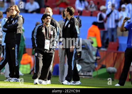 Argentina's coach Diego Maradona during the 2010 FIFA World Cup South Africa Soccer match, group B, Argentina vs Nigeria at Ellis Stadium in Johannesburg, South Africa on June 12, 2010. Photo by Henri Szwarc/ABACAPRESS.COM Stock Photo