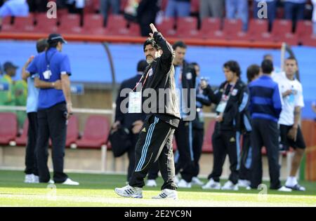 Argentina's coach Diego Maradona during the 2010 FIFA World Cup South Africa Soccer match, group B, Argentina vs Nigeria at Ellis Stadium in Johannesburg, South Africa on June 12, 2010. Photo by Henri Szwarc/ABACAPRESS.COM Stock Photo