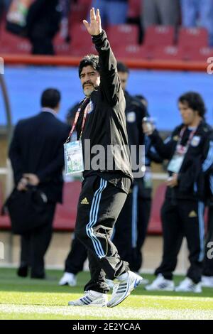 Argentina's coach Diego Maradona during the 2010 FIFA World Cup South Africa Soccer match, group B, Argentina vs Nigeria at Ellis Stadium in Johannesburg, South Africa on June 12, 2010. Photo by Henri Szwarc/ABACAPRESS.COM Stock Photo