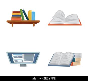 book textbooks ebook computer online learn education academic icons set vector illustration Stock Vector