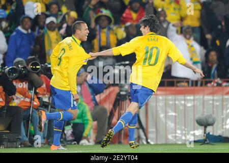 Joy with Kaka after Brazil's Luis Fabiano scores the 2-0 goal during the 2010  FIFA World Cup South Africa 1/8 of final Soccer match, Brazil vs Chile at Ellis  Park football stadium in Johannesburg, South Africa on June 28, 2010. Brazil  won 3-0. Photo by Henri