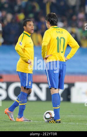 Brazil's Kaka and Robinho battles Chile's Y during the 2010 FIFA World Cup South Africa 1/8 of final Soccer match, Brazil vs Chile at Ellis Park football stadium in Johannesburg, South Africa on June 28, 2010. Brazil won 3-0. Photo by Henri Szwarc/Cameleon/ABACAPRESS.COM Stock Photo