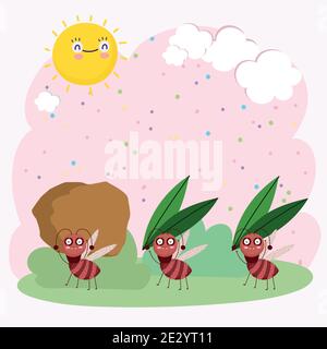 funny colony of ants carrying food bugs animals cartoon vector illustration Stock Vector