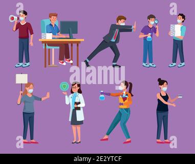 group of nine people wearing medical masks characters vector illustration design Stock Vector