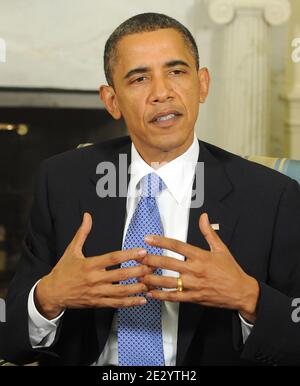 US President Barack Obama speaks to the media after his meeting with Saudi King Abdullah in the Oval Office of the White House in Washington DC, USA on June 29, 2010. Photo by Roger L. Wollenberg/ABACAPRESS.COM Stock Photo