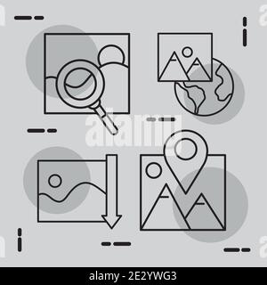 bundle of five pictures with differents scenes line style set icons Stock Vector