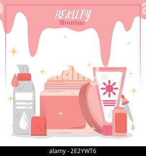 beauty routine cosmetics skincare products cartoon card vector illustration Stock Vector