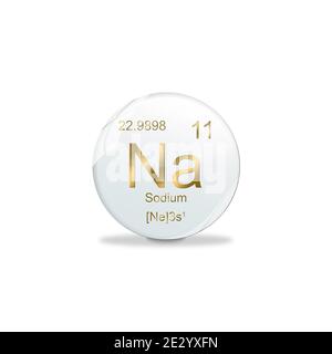 3D-Illustration, Sodium symbol - Na. Element of the periodic table on white ball with golden signs. White background Stock Photo