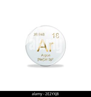 3D-Illustration, Argon symbol - Ar. Element of the periodic table on white ball with golden signs. White background Stock Photo