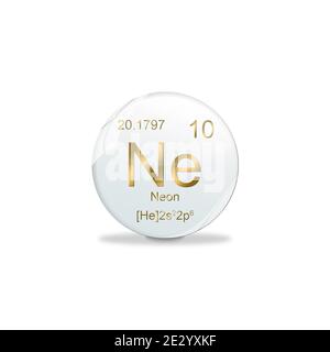3D-Illustration, Neon symbol - Ne. Element of the periodic table on white ball with golden signs. White background Stock Photo