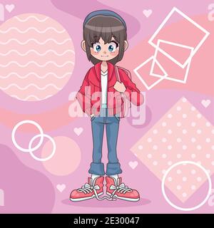 beautiful teenager girl with schoolbag anime character in pink background vector illustration design Stock Vector