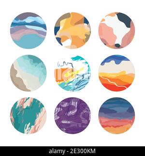 art design abstract various shapes, lines, spots round icons set vector illustration Stock Vector