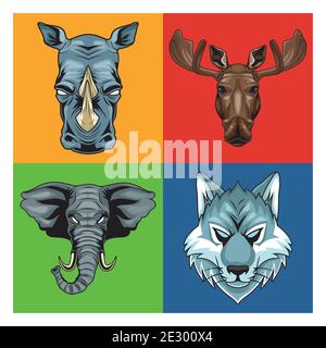 bundle of four wild animals heads characters vector illustration design Stock Vector