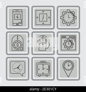 bundle of nine time set line style icons in gray background Stock Vector