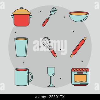 bundle of nine kitchen utensils set icons Stock Vector