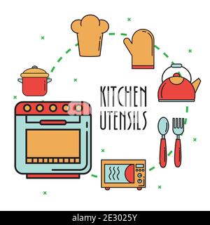 bundle of nine kitchen utensils line and colors style icons and lettering Stock Vector