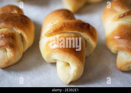 Close up of a row of crescent rolls on white parchment paper.  Freshly baked and brushed with butter. Stock Photo