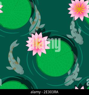 Seamless pattern of water lilies and carp in green water Stock Vector