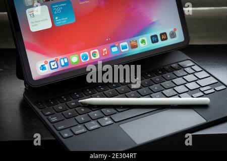 Apple Ipad pro 2020 11 inch with Magic Keyboard and Apple Pencil Stock Photo
