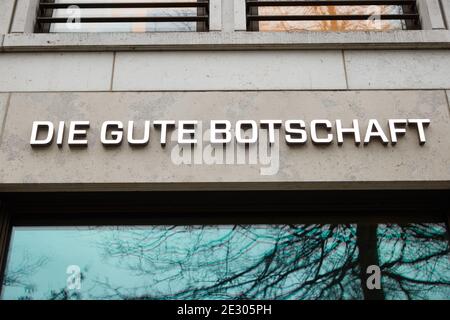Hamburg, Germany. 15th Jan, 2021. The inscription: 'Die Gute Botschaft' (The Good News) is written above the entrance to the restaurant of the same name owned by the TV chef Tim Mälzer. Credit: Georg Wendt/dpa/Alamy Live News Stock Photo