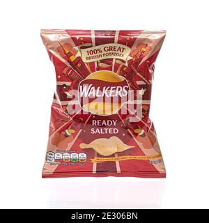 SWINDON, UK - JANUARY 15, 2021:  Packet of Walkers Ready Salted Crisps 100%  Great British Potatoes on a white background Stock Photo