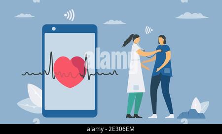 Wireless digital stethoscope. New technology for heart rate checking. Vector elements isolated on blue background. Stock Vector