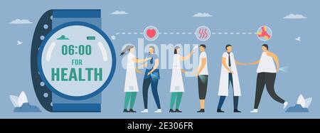 Smartwatch for health. Checking heart rate, temperature and cholesterol. New future technology for people. Infographic vector illustration in flat sty Stock Vector