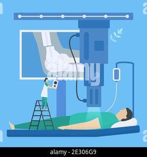 This medical scanning is x-ray. Doctor checks broken arm of human body, A workflow part of patient care. Flat design in minimal tiny style. Stock Vector
