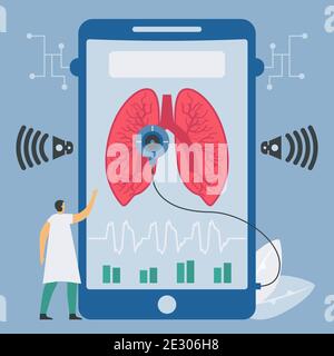 New technology for lung sound checking on smartphone. Vector elements isolated on blue background. Stock Vector