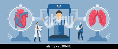 New technology for heart rate and sound lung checking on smartphone. Vector elements isolated on blue background. Stock Vector