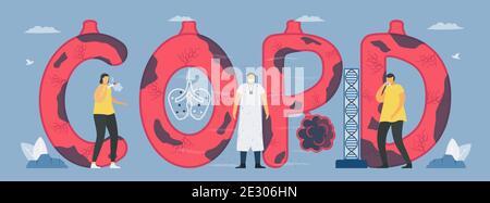 Chronic obstructive pulmonary disease or COPD. Lung have breathing problems and poor airflow. Vector illustration in flat design. Stock Vector