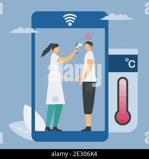 Temperature testing by non-contact thermometer and smartphone. Checking new coronavirus in people with new technology. Vector illustration designs abo Stock Vector