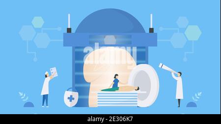MRI medical scanning systems. Doctor checks body of human. A workflow part of patient care. Flat design in minimal tiny style. Stock Vector