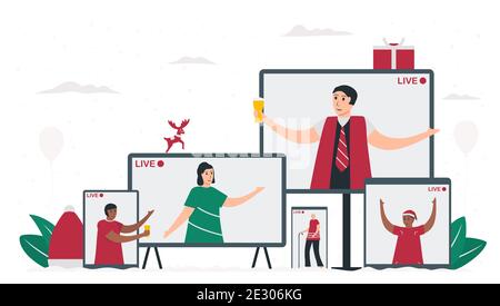 The big family is celebrating Christmas day via social online application. They are smiling and talking together. 25 december. Vector illustration in Stock Vector