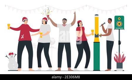 Boss and employees are celebrating Christmas day together in the office. They are singing and dancing. 25 december. Vector illustration in flat style. Stock Vector