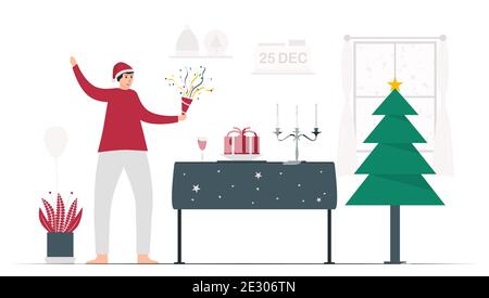The single man celebrates Christmas day alone. Real life party at home. 25 december. Vector illustration in flat style. Stock Vector