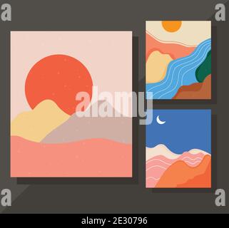 bundle of three abstract landscapes colorful scenes Stock Vector