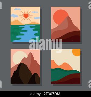 bundle of four abstract landscapes colorful scenes in gray background Stock Vector