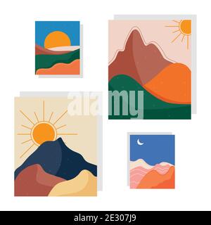 bundle of four abstract landscapes colorful scenes in white background Stock Vector