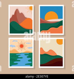 bundle of four abstract landscapes colorful scenes Stock Vector