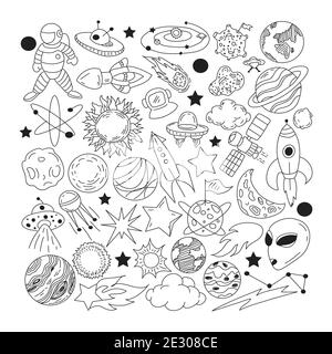 Space doodles. Sketch space planets, hand drawn celestial bodies, earth, sun and moon. Universe space planets vector illustration icons set. Celestial Stock Vector