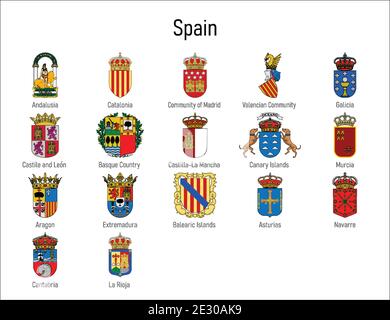 Coat of arms of the communities of Spain, All Spanish regions emblem collection Stock Vector